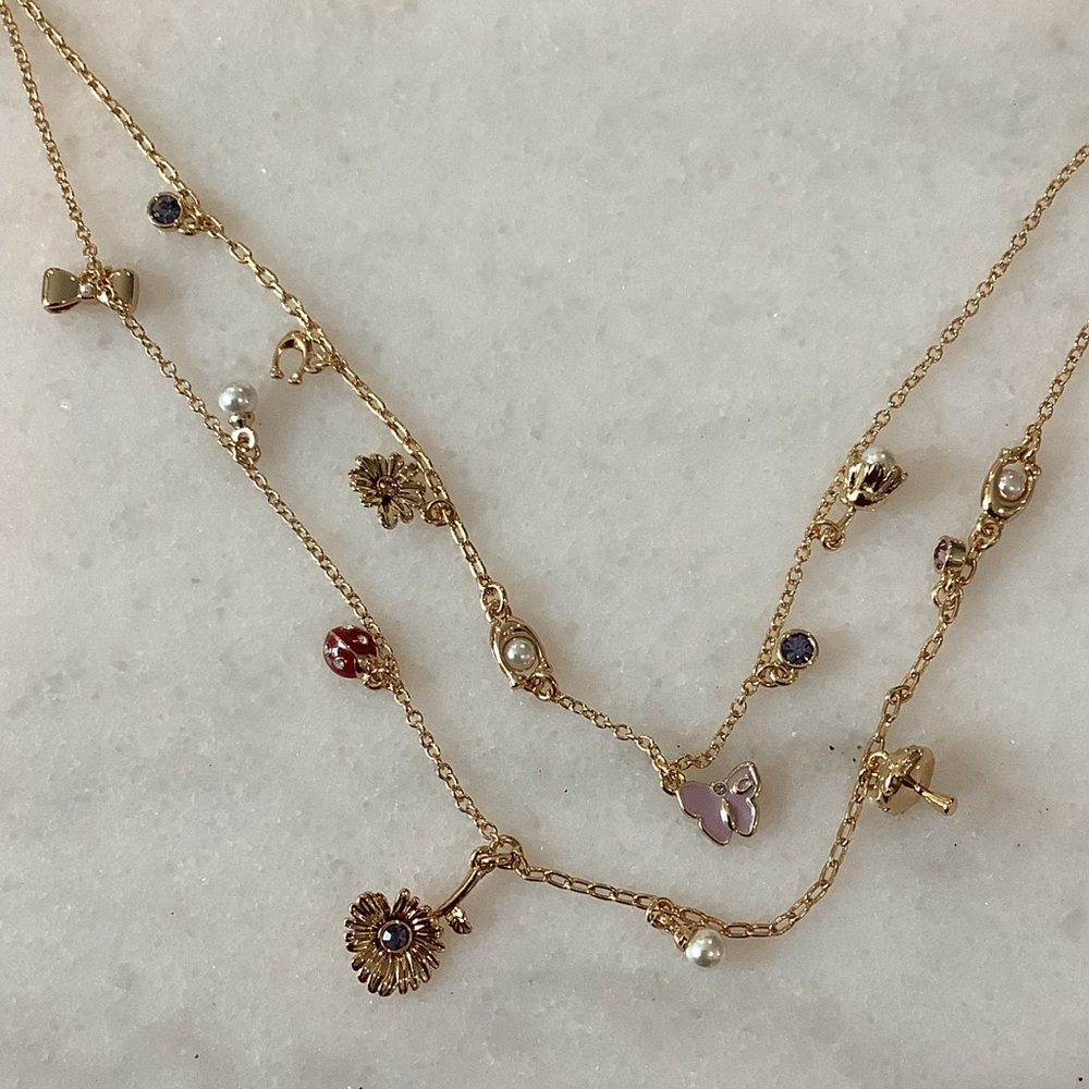 Coach Gold Multi-Charm Layered Necklace with Pink and Red Accents, Brand New - Picture 2 of 3